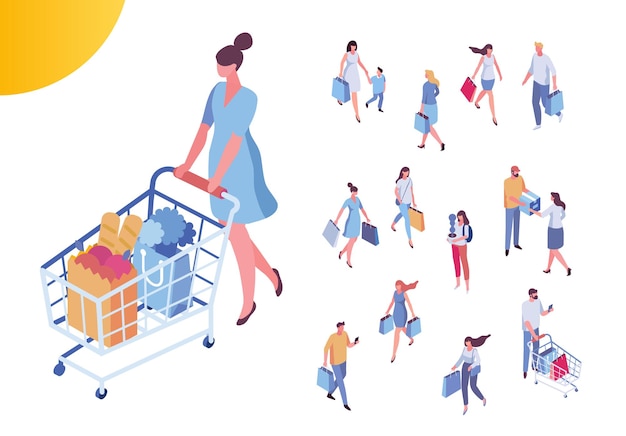 Gente isométrica en compras hombres y mujeres con bolsa de compras carrito de compras