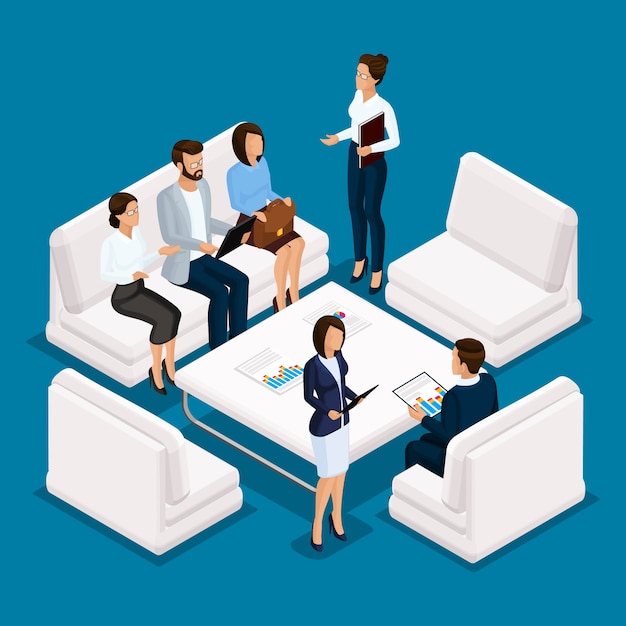 Gente isométrica, empresario mujer de negocios 3D. Personal de oficina de muebles, sofás, escritorio, discusión, lluvia de ideas sobre un fondo azul.