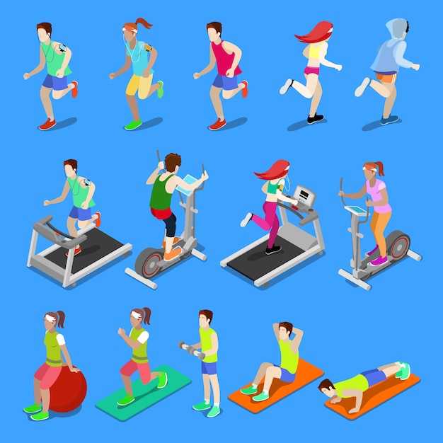 Gente isométrica Hombre y mujer haciendo ejercicio en el gimnasio.