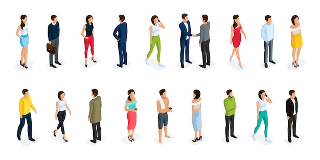 Gente isométrica de moda 3D hombre y mujer Personajes masculinos y femeninos en diferentes poses