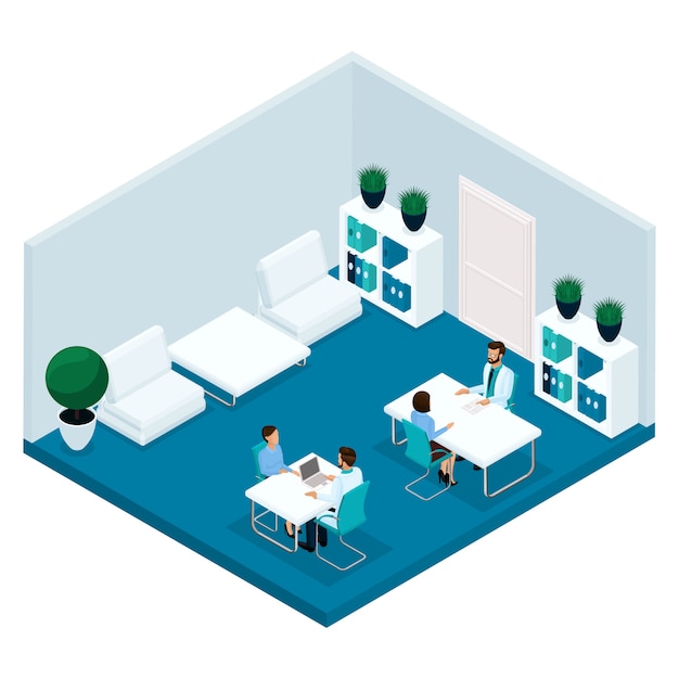 Gente isométrica de moda, una habitación de hospital, vista posterior del consultorio médico, el médico está recibiendo pacientes, el cirujano, el paciente