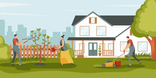 Gente jardinería Hombre y mujer jóvenes se preocupan por el jardín regando y cortando árboles y hierba Personajes creciendo árboles pequeños Medio ambiente verde Ilustración vectorial plana