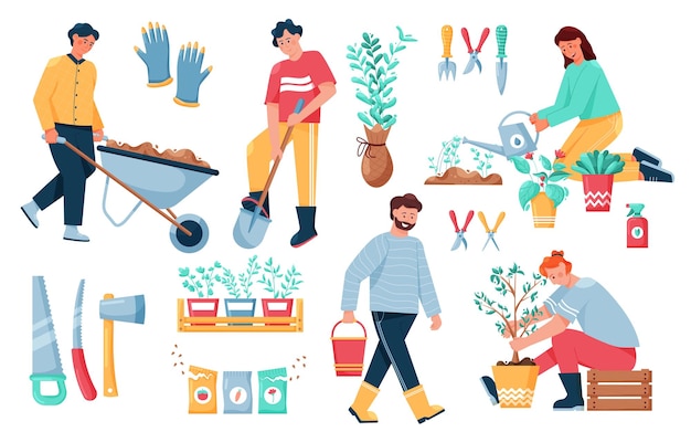 Gente jardineros Personajes de dibujos animados que trabajan con plantas de semillas y suelo en el jardín y la granja trabajadores masculinos y femeninos que plantan vegetales Conjunto de vectores