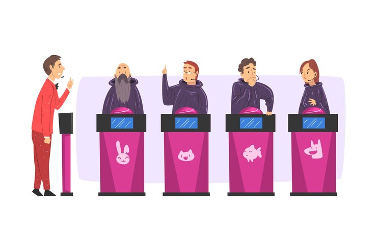 Vector gente jugando en un programa de cuestionarios presentador masculino preguntando y los participantes respondiendo preguntas en la televisión juego intelectual ilustración vectorial al estilo de dibujos animados