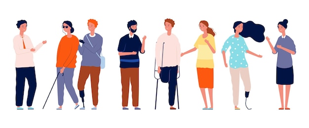 Gente junta. Personajes de diferentes personas, socialización de hombre mujer discapacitado. Concepto de vector de amigos de multitud. Ilustración discapacidad y sociedad discapacitada