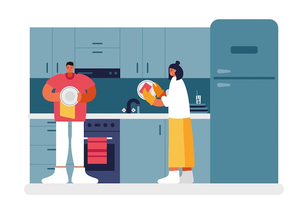Gente lavando platos en la ilustración de la cocina. Los personajes masculinos y femeninos lavan bien los platos con una esponja y los secan con una toalla. Procedimientos de limpieza de la tarde hogar vector plano.