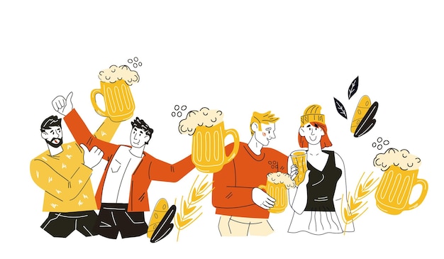 La gente levanta un brindis y tintinea vasos de cerveza estilo doodle ilustración vectorial aislada en fondo blanco Banner o diseño de fondo de invitación a fiesta para Oktoberfest o festival de la cerveza