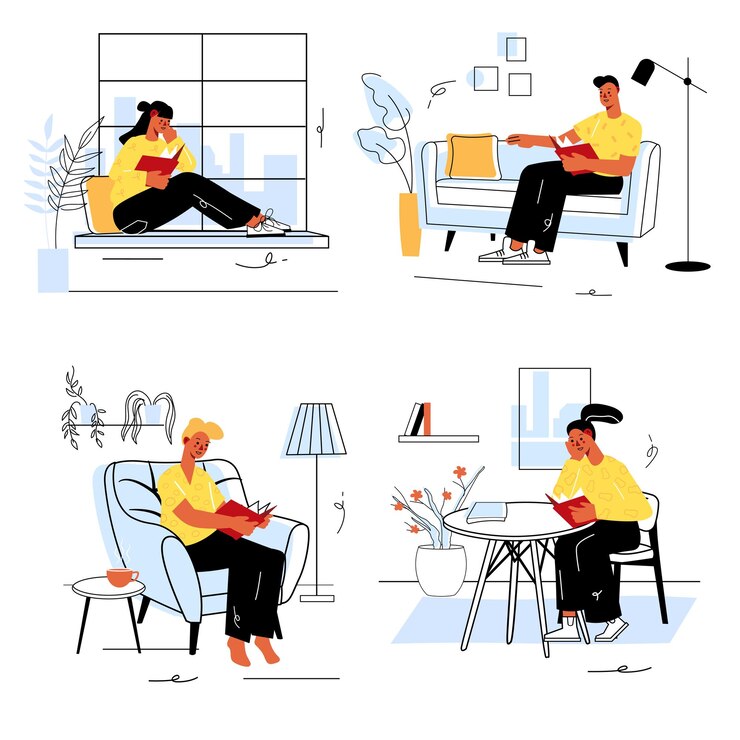 Vector gente leyendo el concepto de libro establecido en un diseño de línea plana hombres y mujeres leen libros o estudian libros de texto sentados en casa los lectores pasan tiempo con novelas ilustración vectorial con escenas web coloridas de contorno