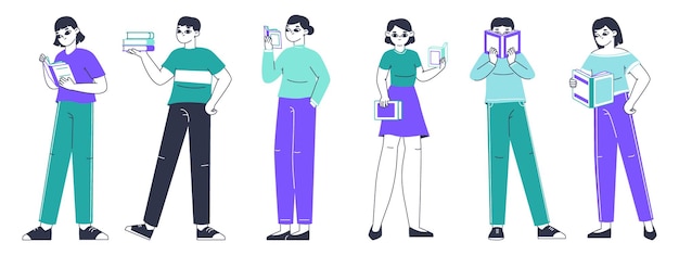 Gente leyendo libros literatura fans ilustración vectorial plana sobre fondo blanco