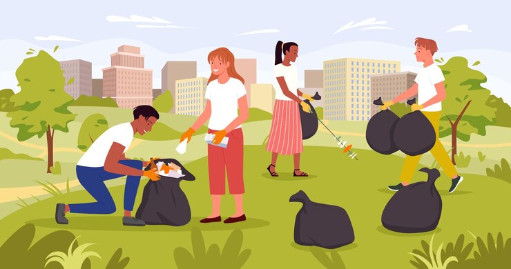 Vector la gente limpia el jardín de verano ayudando a salvar la naturaleza de la ilustración del vector del parque de la ciudad personajes jóvenes voluntarios de dibujos animados recogen basura grupo de adolescentes voluntarios limpiando el fondo del paisaje urbano