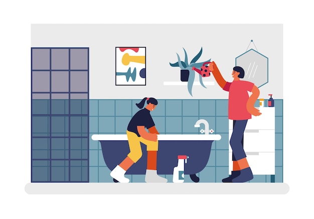 Gente limpiando ilustración de baño. Personaje femenino con rojo puede regar las flores en el estante. Adolescente lava el baño a fondo más limpio. Vector de limpieza semanal de casa y apartamento plana.