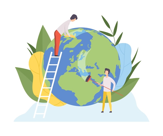 Gente limpiando el planeta tierra con herramientas voluntarios cuidando el planeta ecología medio ambiente protección de la naturaleza ilustración vectorial plana