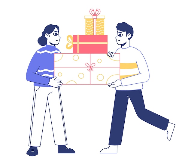 Gente llevando regalos de Navidad Hombre y mujer con regalos de navidad vacaciones de invierno regalos ilustración vectorial plana pareja feliz con regalos