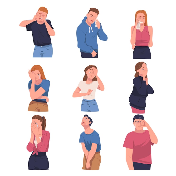 Vector gente llorando personaje llorando y sollozando de tristeza y dolor sintiéndose triste y molesto conjunto vectorial