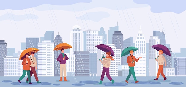 Gente lluvia de otoño. Hombres y mujeres caminan o de pie bajo la lluvia con sombrillas en los paisajes de la ciudad, concepto de vector de temporada de otoño de día lluvioso. Lluvia de otoño de la ciudad, la gente sostiene la ilustración del paraguas