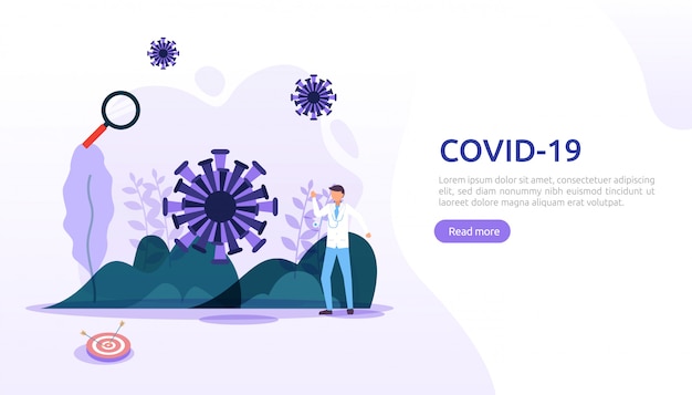 La gente lucha contra el concepto de ilustración de covid-19 corona virus. concepto de investigación para la vacuna coronavirus 2019-ncov. plantilla de página de destino web, banner