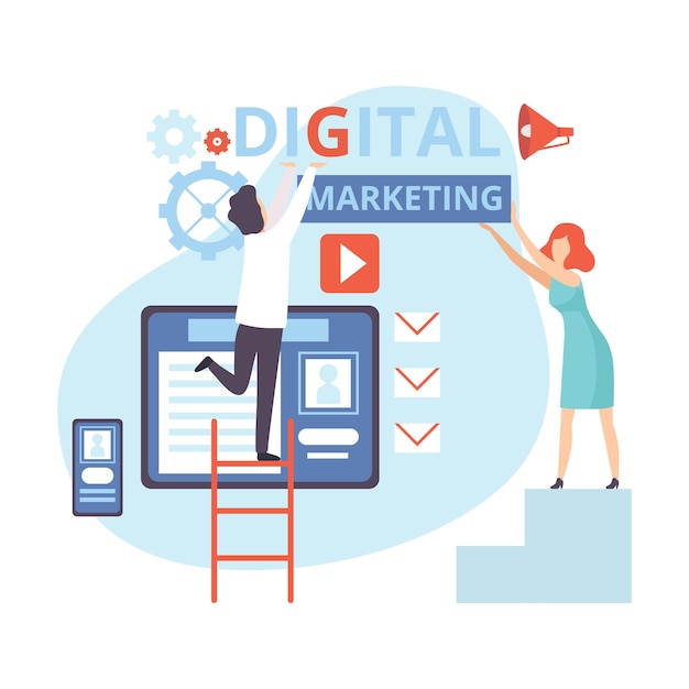 Gente de marketing digital que trabaja en el análisis de negocios, contenido y estrategia de gestión, trabajo en equipo plano