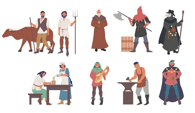 Vector gente medieval personaje de dibujos animados masculino y femenino conjunto de vector plano ilustración aislada sacerdote campesinos verdugo plaga médico herrero músico minstrel cortesano real ropa medieval