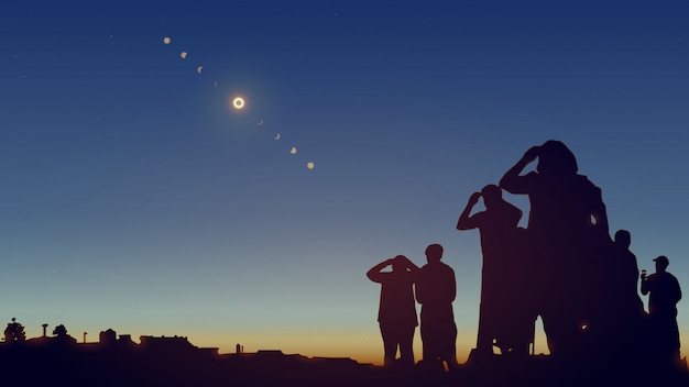 La gente está mirando un eclipse solar en el cielo con estrellas. ilustración realista