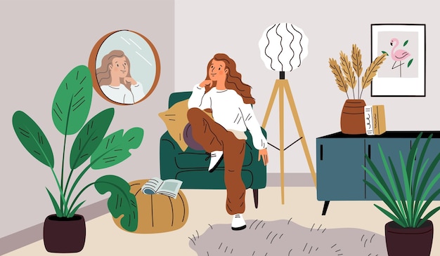 Gente mirando un espejo redondo Niña hermosa examina el reflejo Interior acogedor de la habitación Mujer sentada en una silla Mujer narcisista se relaja en un cómodo sillón Concepto vectorial llamativo