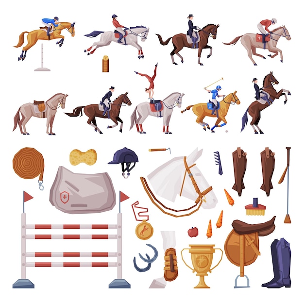 Gente montando caballos Equipamiento deportivo ecuestre Gran conjunto Equitación esencial y herramientas de aseo Ilustración vectorial