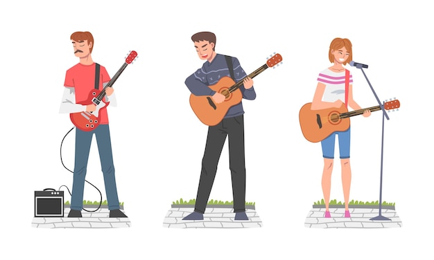 Gente Músico de la Calle Personaje tocando la guitarra y cantando Conjunto vectorial