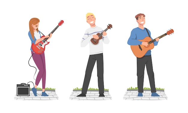 Gente Músico de la Calle Personaje tocando la guitarra y cantando Conjunto vectorial