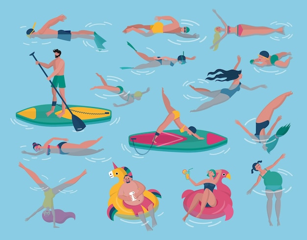 La gente nada en la piscina Ejercicio en el agua Personas buceando o acostadas en un colchón inflable Gorro de fitness Hombre con gafas Icono de tablero deportivo Conjunto de nadadores felices Vector ilustración plana