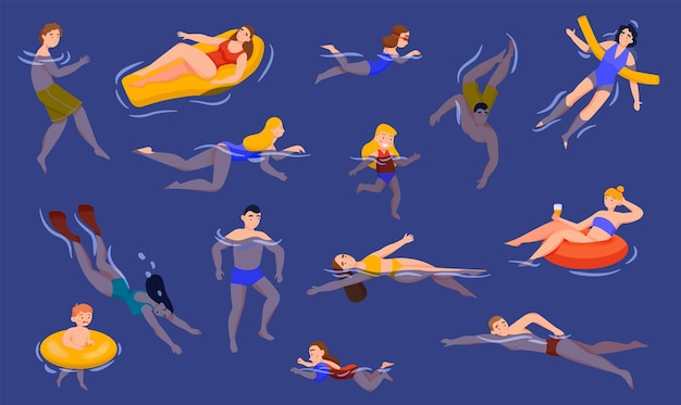 Gente de natación con traje de baño ilustración vectorial aislada plana