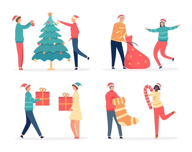 Gente de Navidad celebrando la Navidad cerca del árbol decorado Personajes femeninos y masculinos saltando y abriendo bolsas con regalos Pareja feliz de dibujos animados con sombreros de Santa bajo vector de confeti