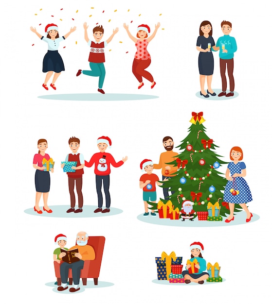 Gente de Navidad con sombreros de santa celebrando feliz Navidad, familia decorar árbol de año nuevo juntos. Conjunto de ilustración de hombre sonriente, mujer, personajes de niños con regalos aislados en blanco