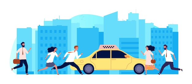 La gente necesita un taxi. un coche amarillo y muchos hombres mujeres. las personas de negocios corren a la ilustración vectorial automática, la gente intenta correr y tomar un taxi