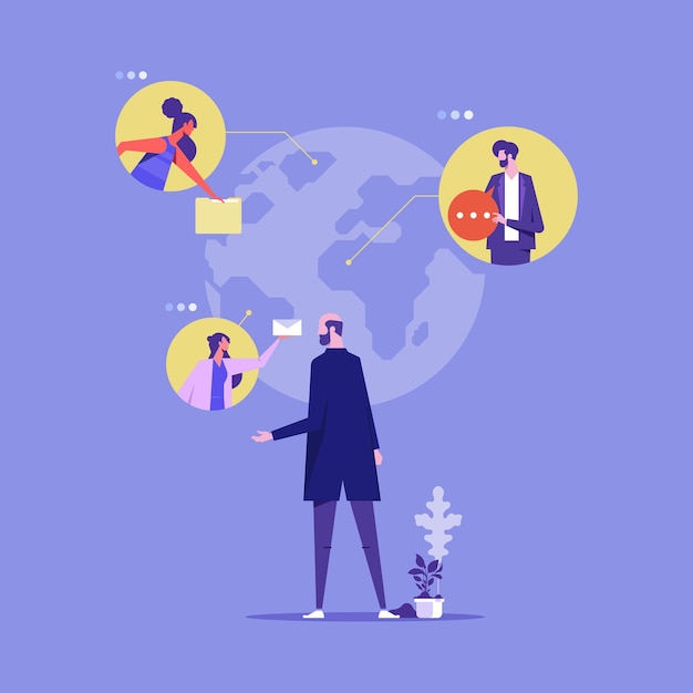 Gente de negocios alrededor del mapa mundial en el mundo que trabaja con una compañía internacional de computadoras en línea