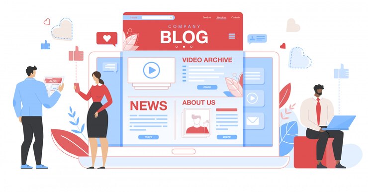 Vector gente de negocios alrededor de tableta enorme con página de blog