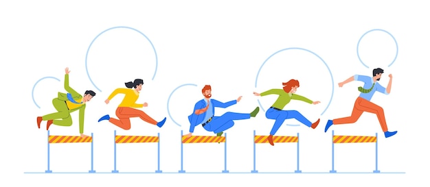 Gente de negocios compitiendo en carrera con obstáculos superados desafíos trabajo en equipo liderazgo y superación
