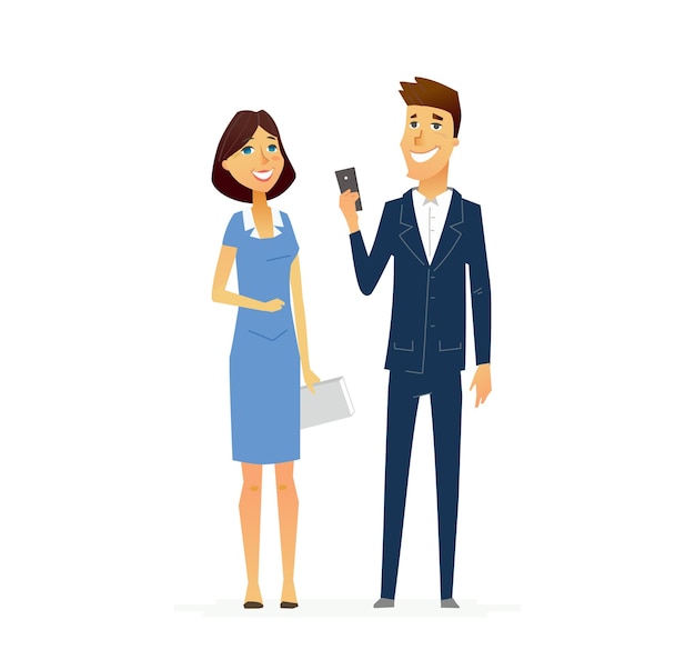 Gente de negocios - composición ilustrativa de color vector diseño plano moderno de personajes de dibujos animados con gadgets. Hombres y mujeres en trajes. Responsabilidad, eficiencia, éxito.