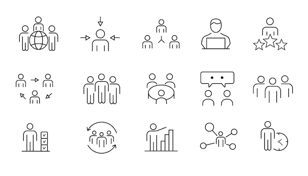Gente de negocios conjunto de iconos web en estilo de línea Trabajo en equipo en iconos de gestión de negocios