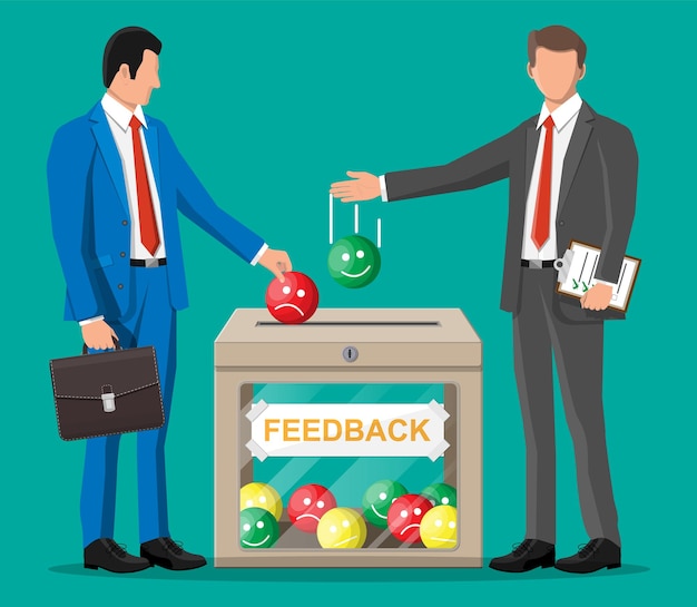 Gente de negocios y cuadro de calificación. Reseñas sonrisas caras. Testimonios, calificación, retroalimentación, encuesta, calidad y revisión. Ilustración de vector de estilo plano