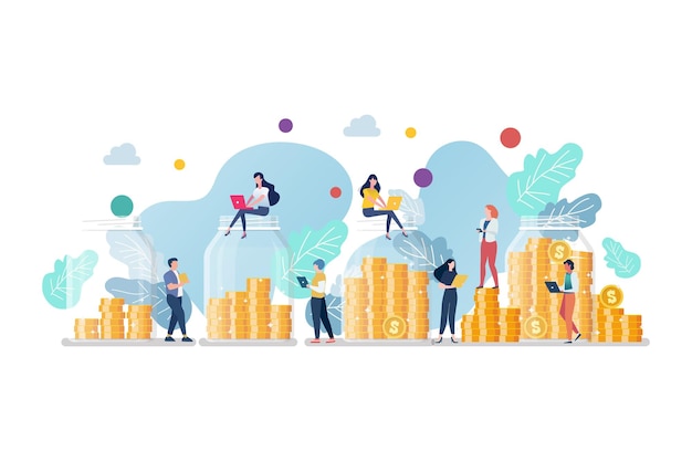 Gente de negocios con dinero en frascos de vidrio concepto de negocio