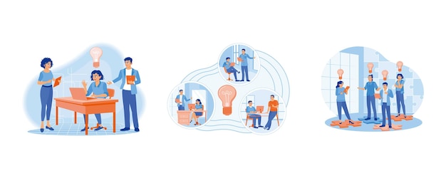La gente de negocios está discutiendo dentro de la oficina en busca de nuevas ideas y soluciones para lograr el éxito concepto de idea de negocio conjunto ilustración vectorial plana