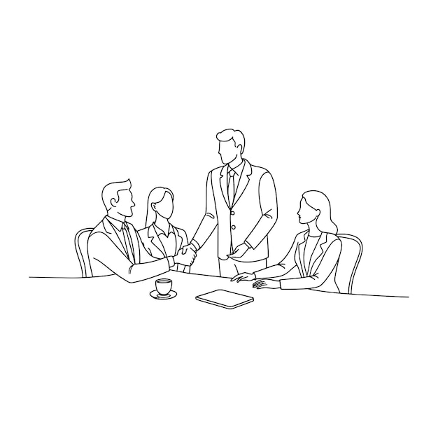 Gente de negocios estrechando la mano durante una reunión Ilustración vectorial plana de arte de línea continua
