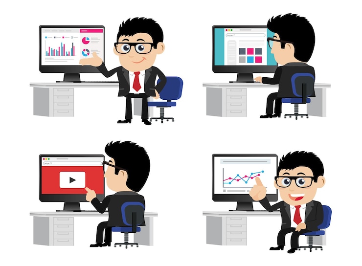 Vector gente de negocios frente a su computadora