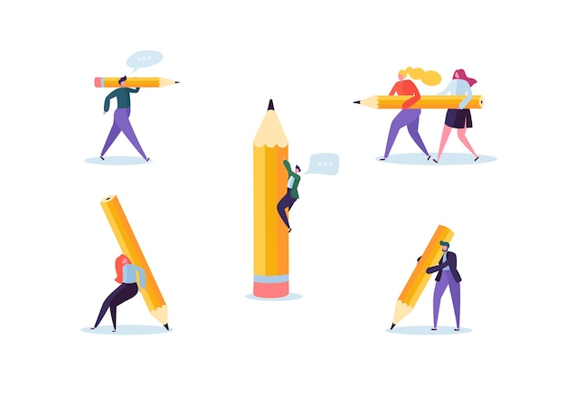 Gente de negocios con grandes lápices. organización del proceso de personajes creativos. hombre y mujer con lápiz.
