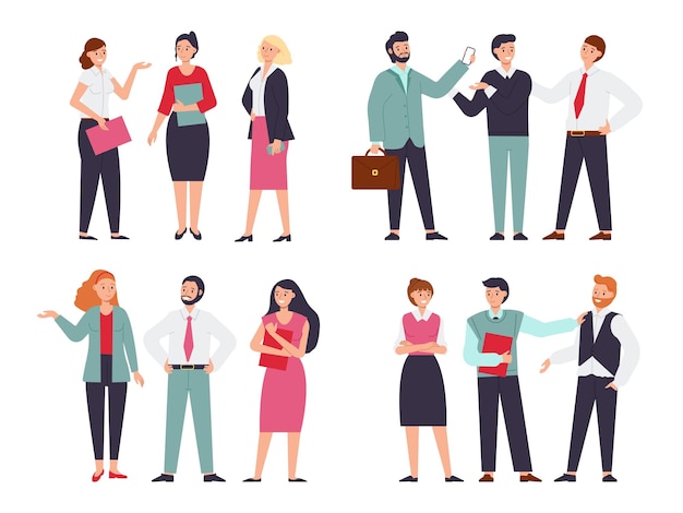 La gente de negocios habla Comunicación laboral y conversación en equipo de negociación Oficina mujeres hombres chatean en grupo trabajo en equipo personajes vectoriales decentes