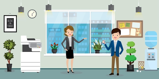 Gente de negocios hablando en el interior de la oficina moderna con ilustración vectorial de muebles