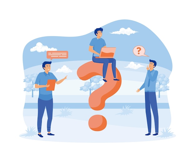 La gente de negocios hace preguntas usando teléfonos portátiles, busca respuestas alrededor de grandes signos de interrogación, concepto de preguntas frecuentes, recuperación de información, vector plano, ilustración moderna.