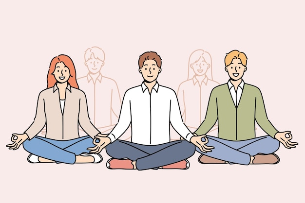 Gente de negocios meditando en equipo durante el descanso del trabajo sentados en la posición de loto del yoga