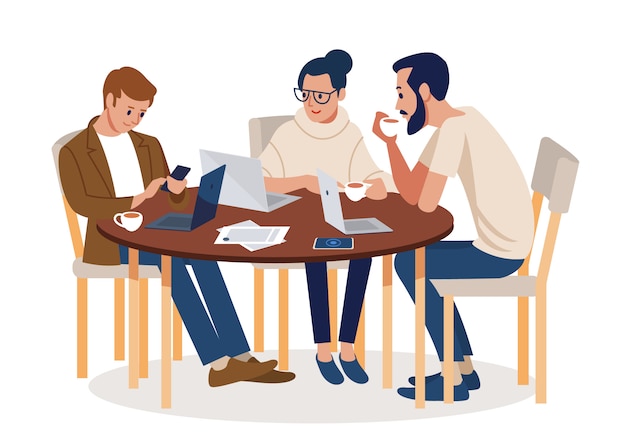 Gente de negocios ocupada preparando el proyecto del equipo al aire libre en un moderno café.