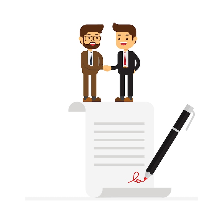 Vector gente de negocios de pie en un contrato firmado