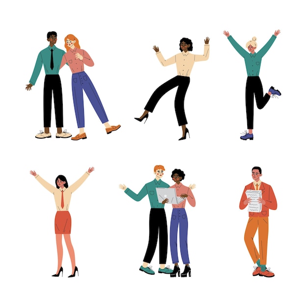 Gente de negocios de pie con las manos levantadas celebrando el éxito Ilustración vectorial de dibujos animados